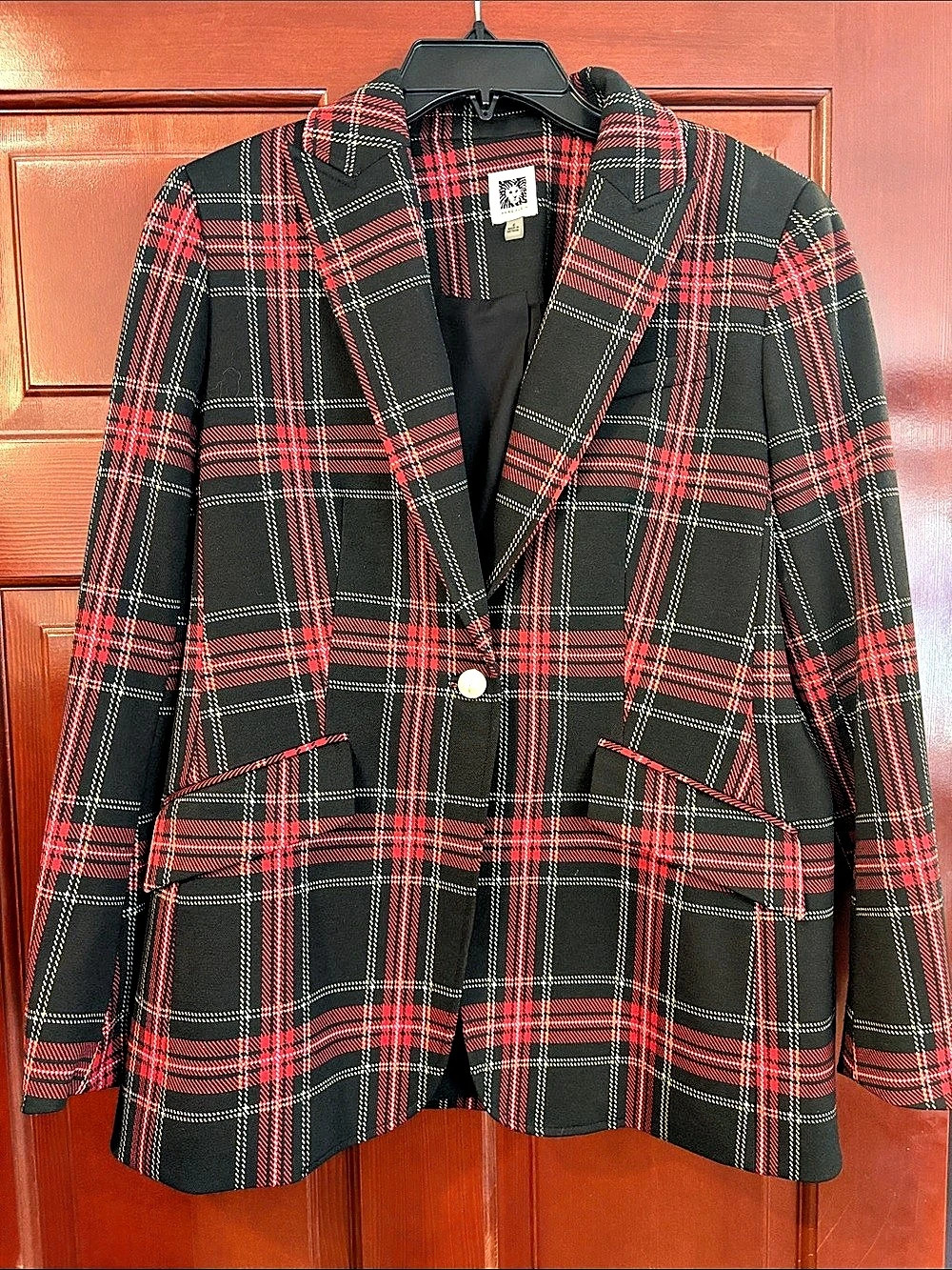 Anne Klein Plaid Blazer Black & Red Size 6 Like New